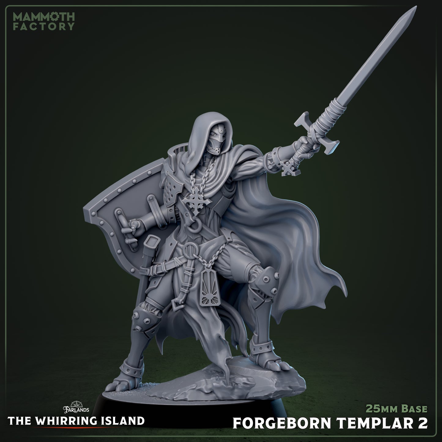 Forgeborn Templar warforged knight raising sword overhead with shield braced, aggressive forward stance, hooded helm, and heavy armor