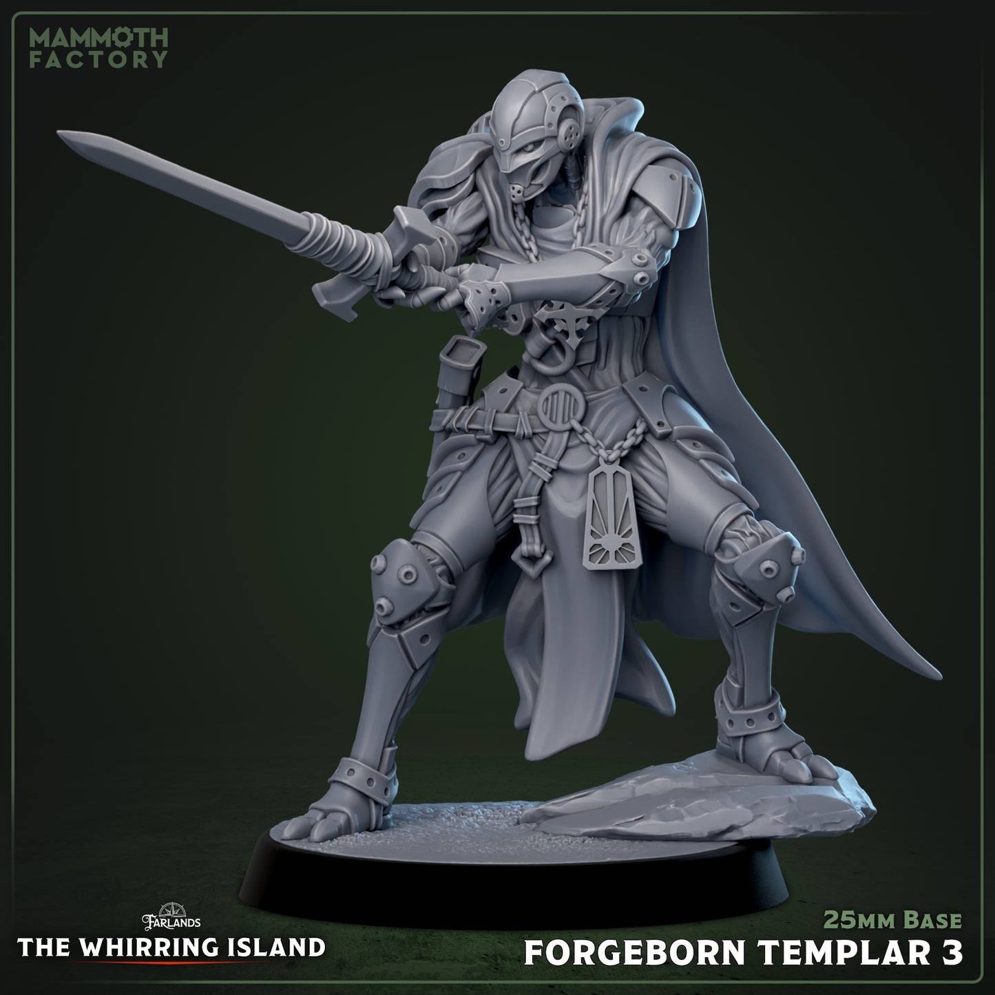 Forgeborn Templar warforged knight aiming sword forward in defensive posture, grounded stance, armored limbs, and mechanical detailing
