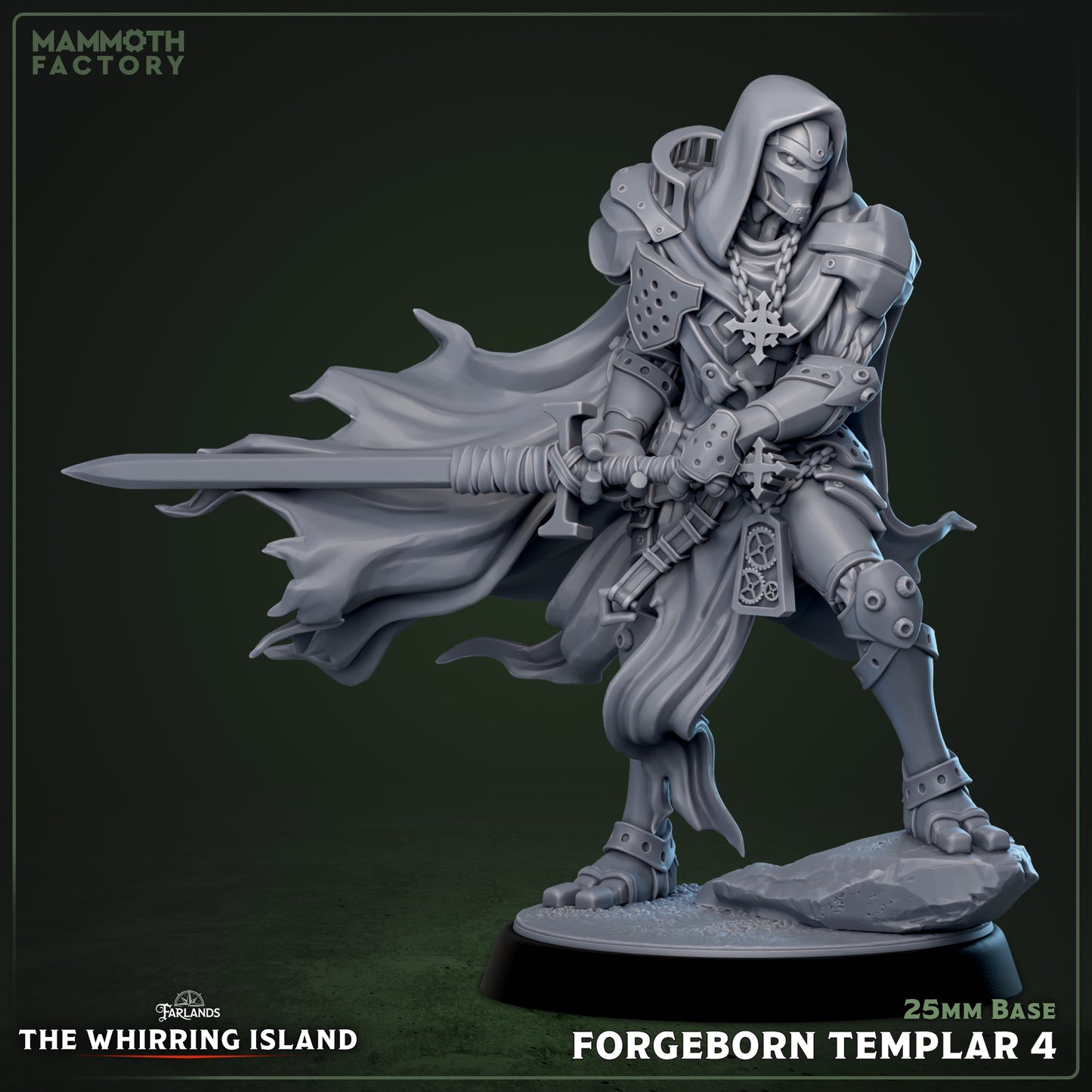 Forgeborn Templar warforged knight sweeping sword in wide strike, low combat stance, flowing cloak, and reinforced joints