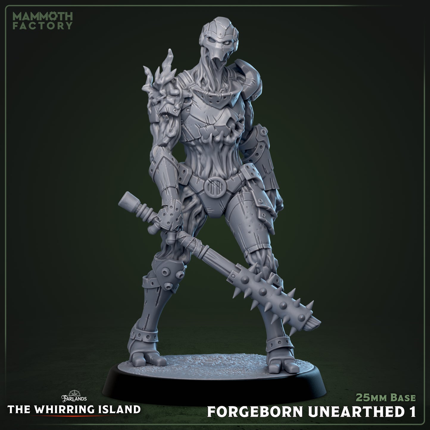 Forgeborn Unearthed warforged construct holding spiked mace in low guard stance with exposed biomechanical torso and armored legs for fantasy tabletop RPGs