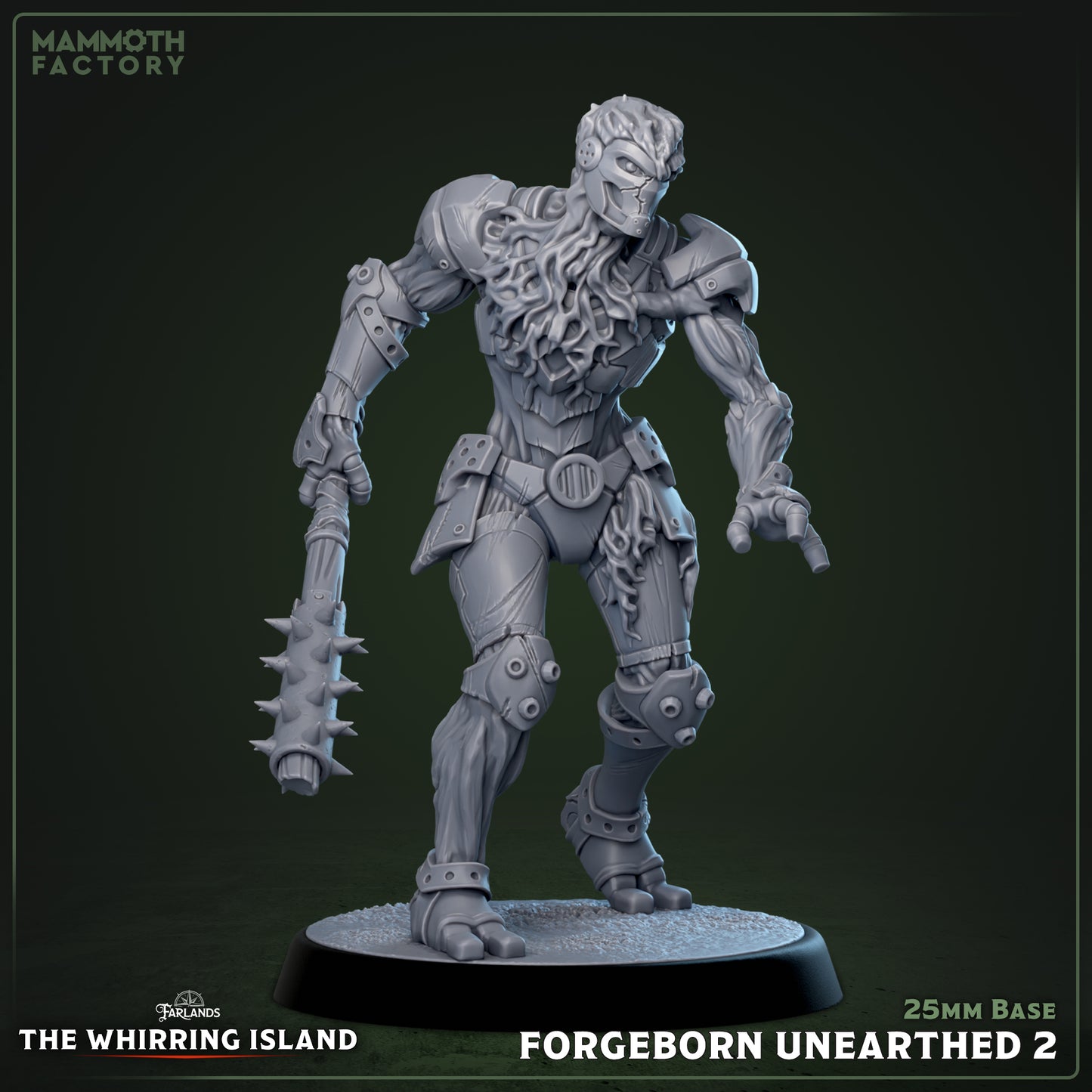 Forgeborn Unearthed warforged construct advancing forward with spiked mace, hunched combat posture, organic cables, and reinforced armor plating