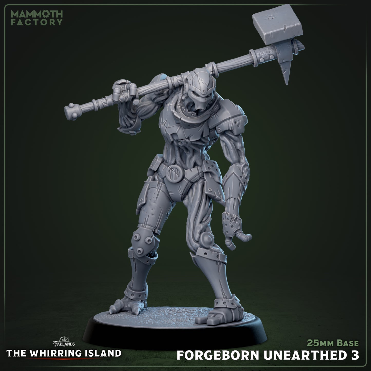 Forgeborn Unearthed warforged construct resting massive warhammer on shoulder in dominant stance with heavy armor and biomechanical musculature