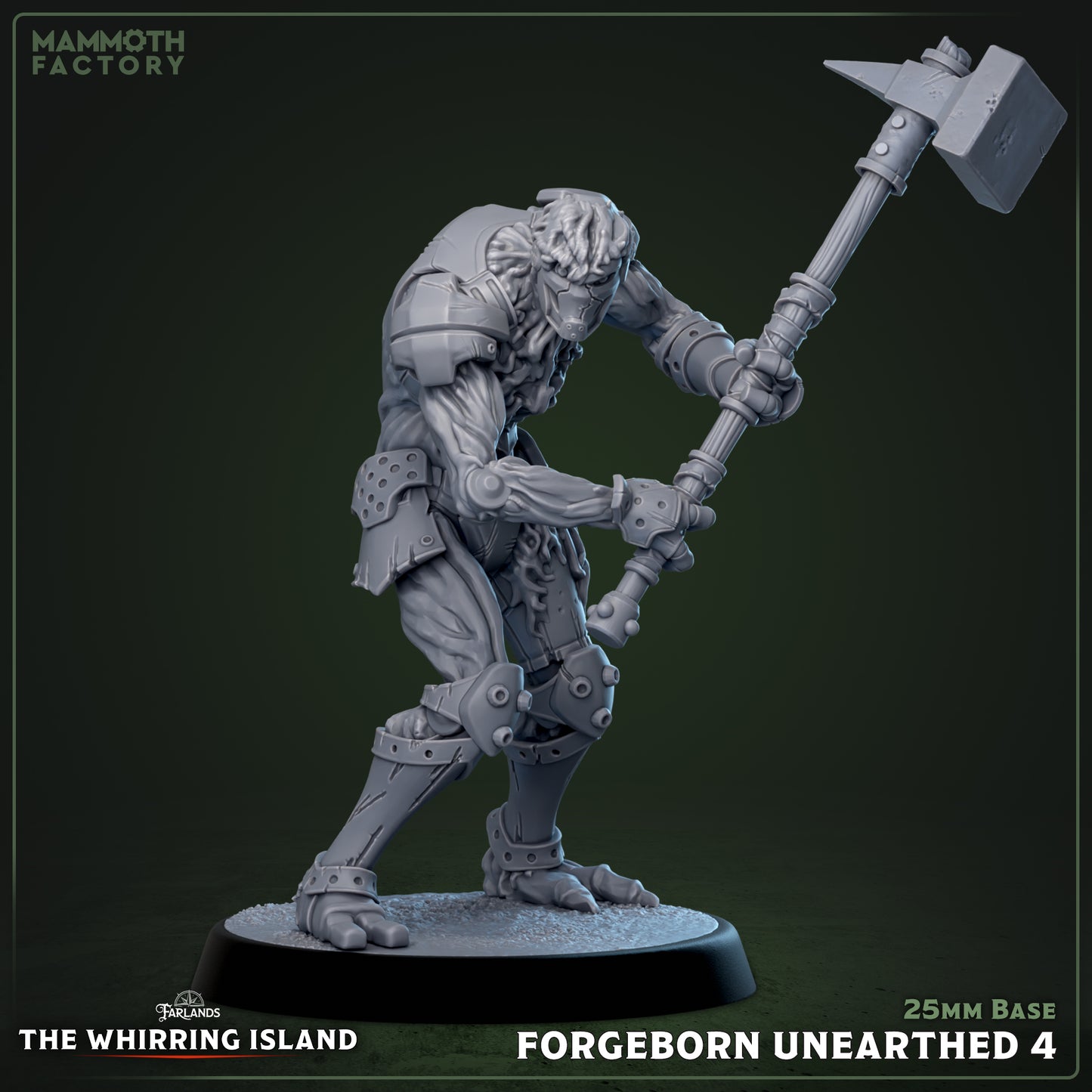 Forgeborn Unearthed warforged construct mid-swing with large warhammer, forward-leaning attack stance, reinforced joints, and mechanical detailing