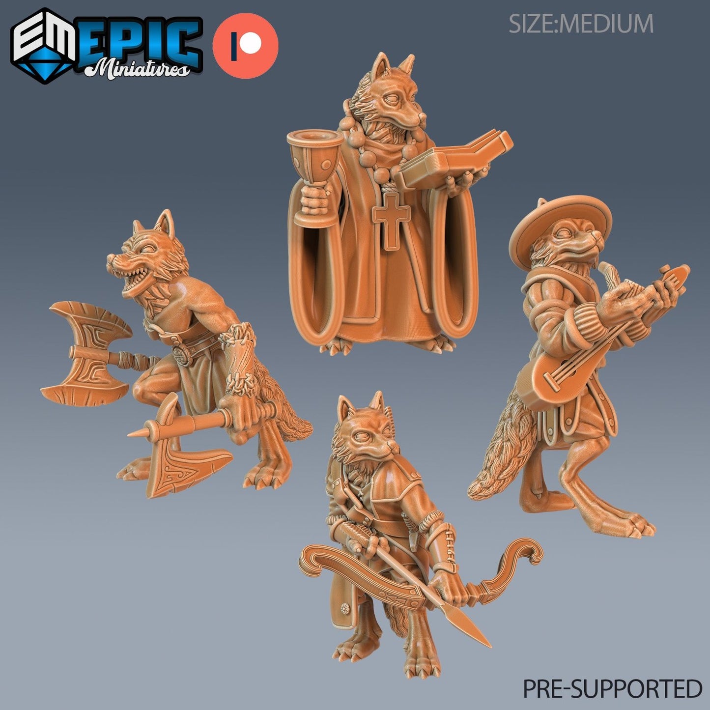 A collage of Fox Folk Tribe miniatures featuring a cleric, berserker, bard, and warrior – all in various charming and combative poses. This cunning crew brings a mix of holy blessings, brute force, musical mischief, and valiant bravery to the table.