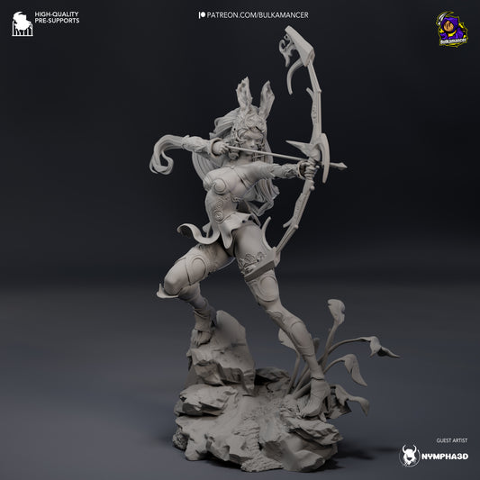 Fran collectible figure unpainted 3D model showing Viera archer posed aiming a bow while standing on rocky terrain.