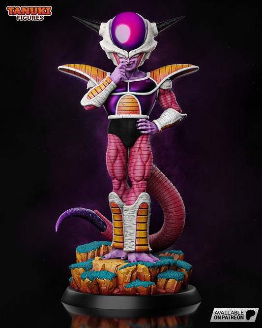 Full front view of Frieza collectible in 1:6 scale, standing on a Namek-inspired base with tail wrapped, hand at mouth and one hand clenched.