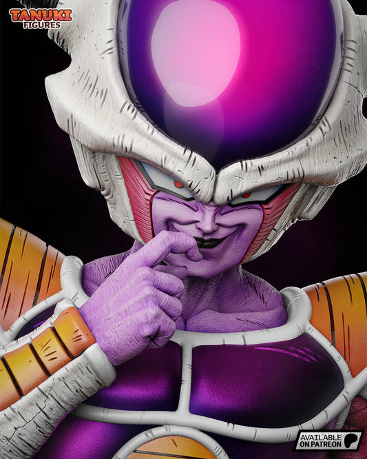 Close-up of Frieza's smirking face in bust form with one hand raised near the lips, showing detailed armor and expression from Dragon Ball Z.