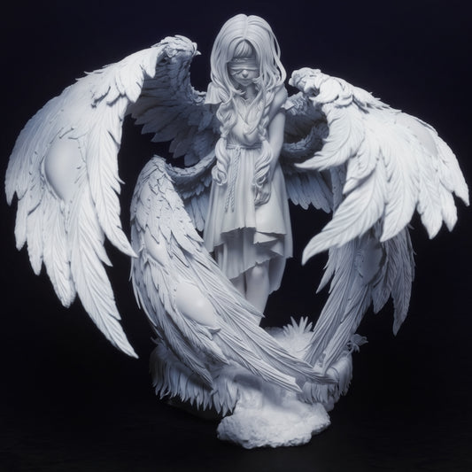 Seraphim angel figure with blindfold and long hair, standing surrounded by six large feathered wings wrapping around her body, sculpted in a monochrome clay finish.