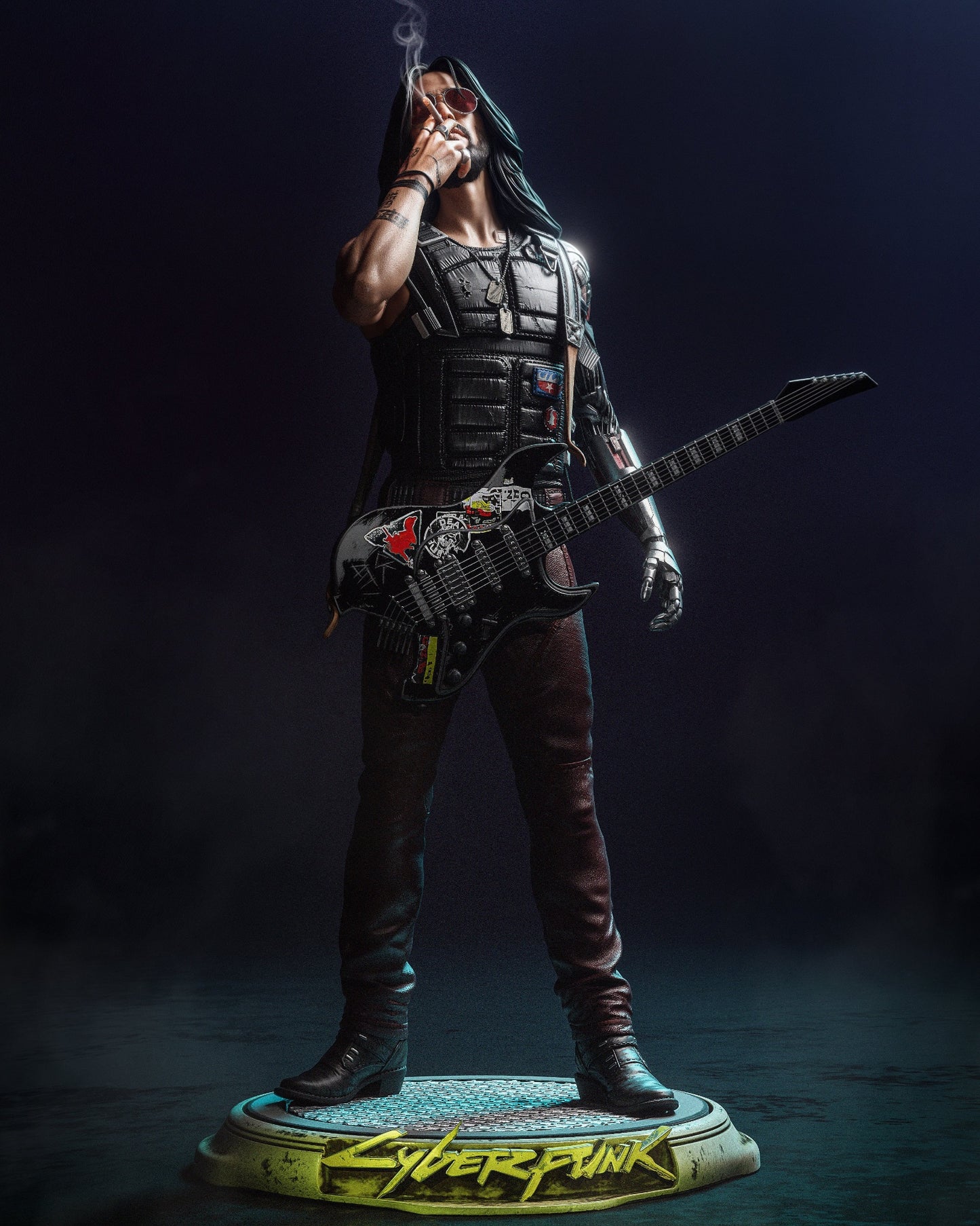 Johnny Silverhand Cyberpunk 2077 figure full view standing with guitar and cigarette, wearing sunglasses, cybernetic arm, tactical vest, and boots on a Cyberpunk-themed base