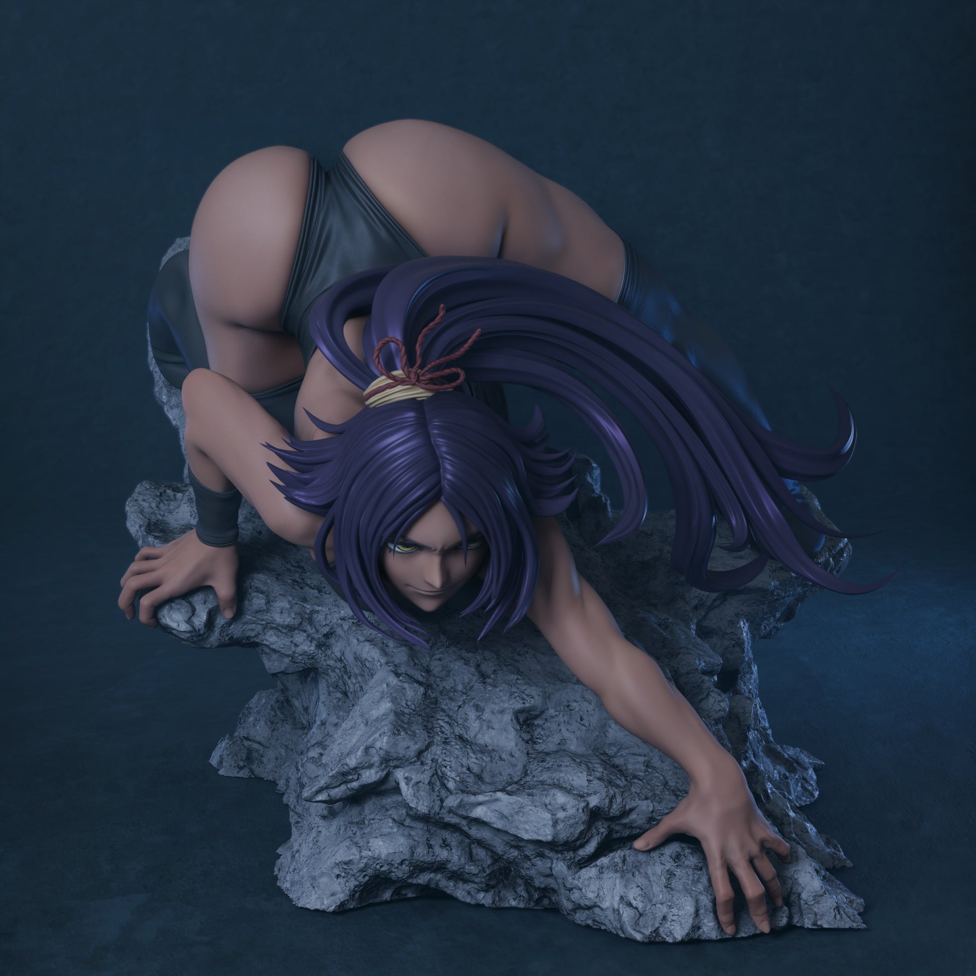 Yoruichi Shihouin collectible figure crouched on stone, leaning forward with intense gaze, long ponytail arcing upward, wearing a stealth bodysuit.

