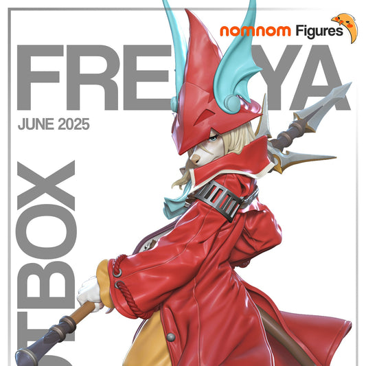 Painted render of Freya Crescent in red coat and horned helmet holding spear with tail extended on rocky base