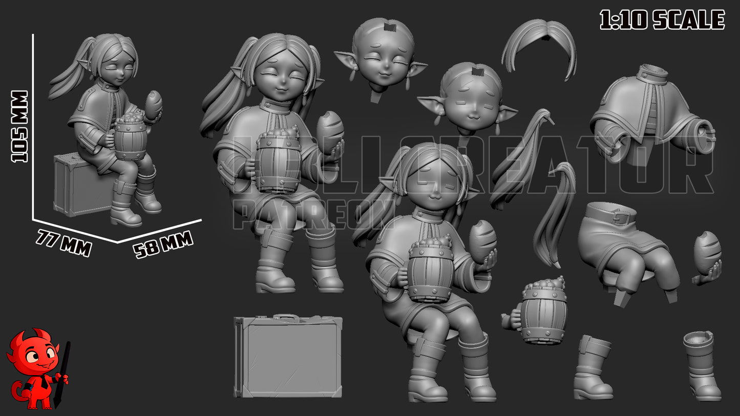 Chibi Frieren 1:10 scale model kit with parts breakdown and dimensions – anime figure from Frieren Beyond Journey’s End by H3ll Creator