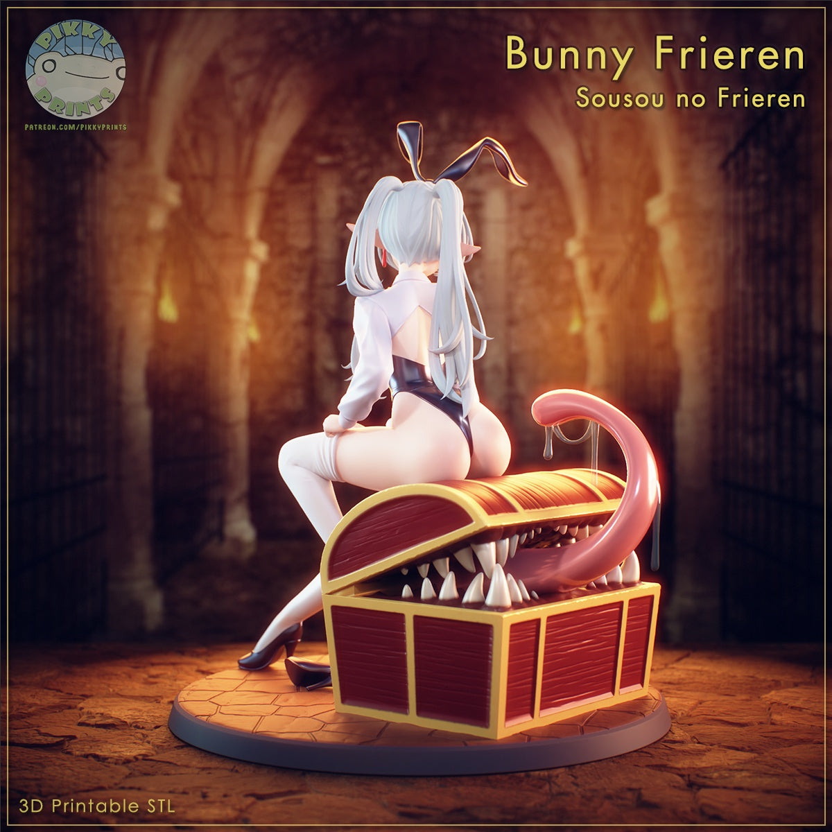 Bunny Frieren figure rear view seated on mimic chest with long hair and bunny ears