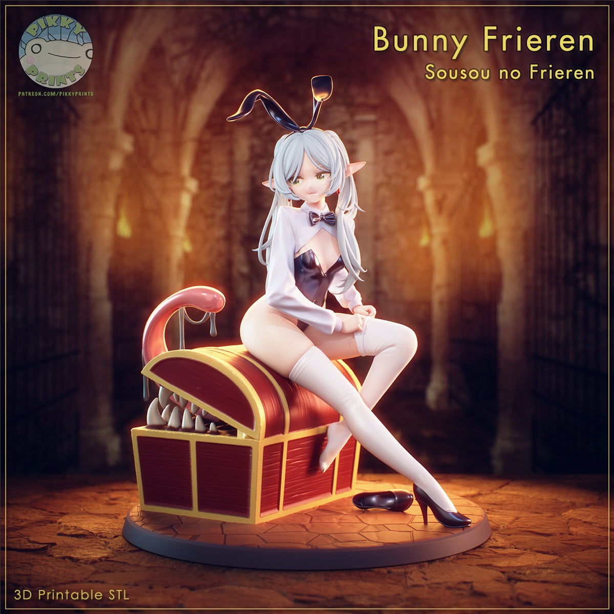 Bunny Frieren figure front view seated pose wearing bunny outfit on mimic chest base
