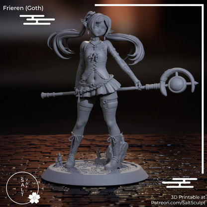 Unpainted clay render of Goth Frieren collectible statue from Frieren: Beyond Journey’s End, featuring the elf mage in gothic attire holding her staff with detailed boots and twin-tail hairstyle.