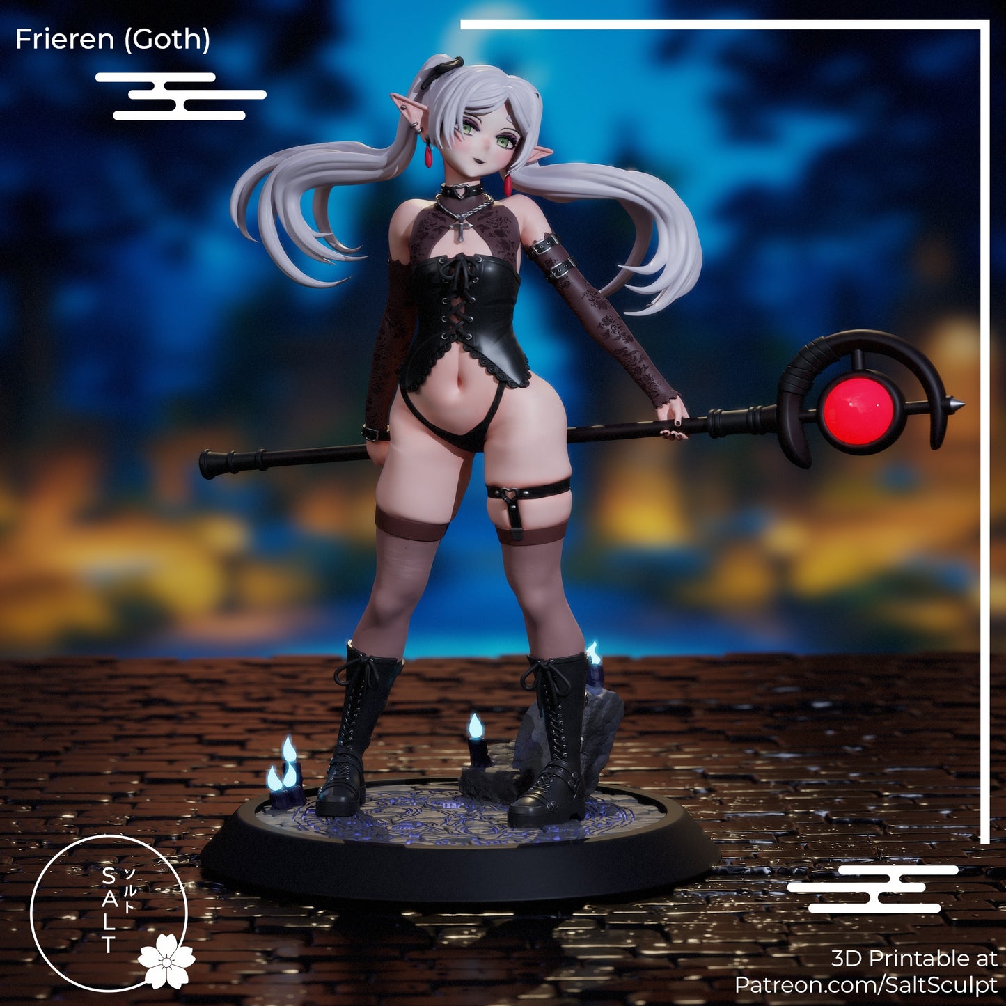 3D render showing removable skirt option for Goth Frieren statue, displaying interchangeable clothing parts and intricate sculpt details including corset, stockings, and staff accessory.