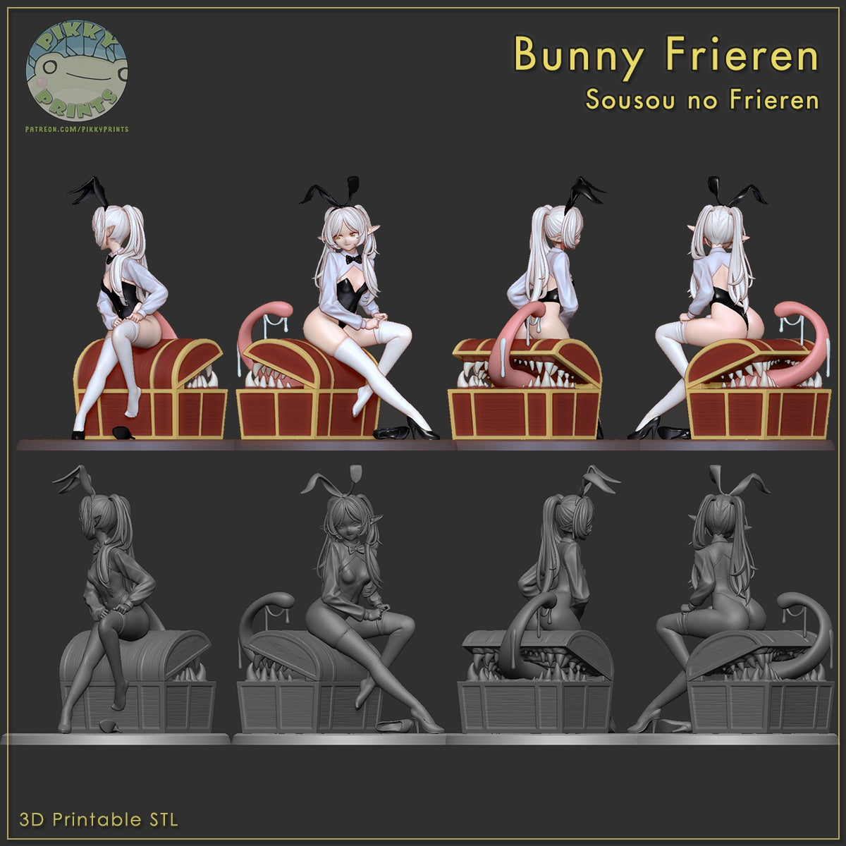Bunny Frieren figure multi-angle collage showing front side and rear views on mimic chest