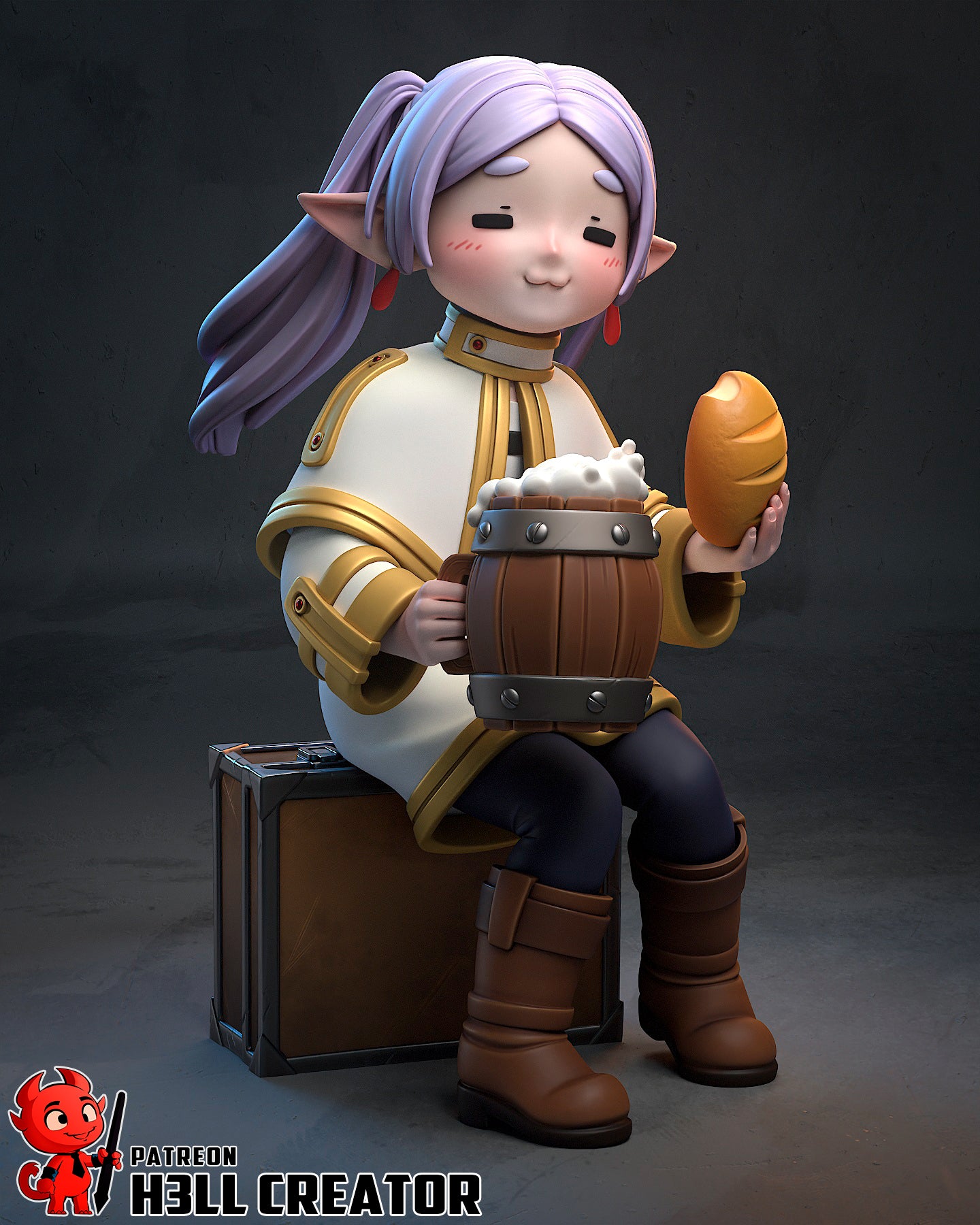 Chibi Frieren anime statue – sitting elf mage figure smiling with bread and mug Frieren Beyond Journey’s End collectible