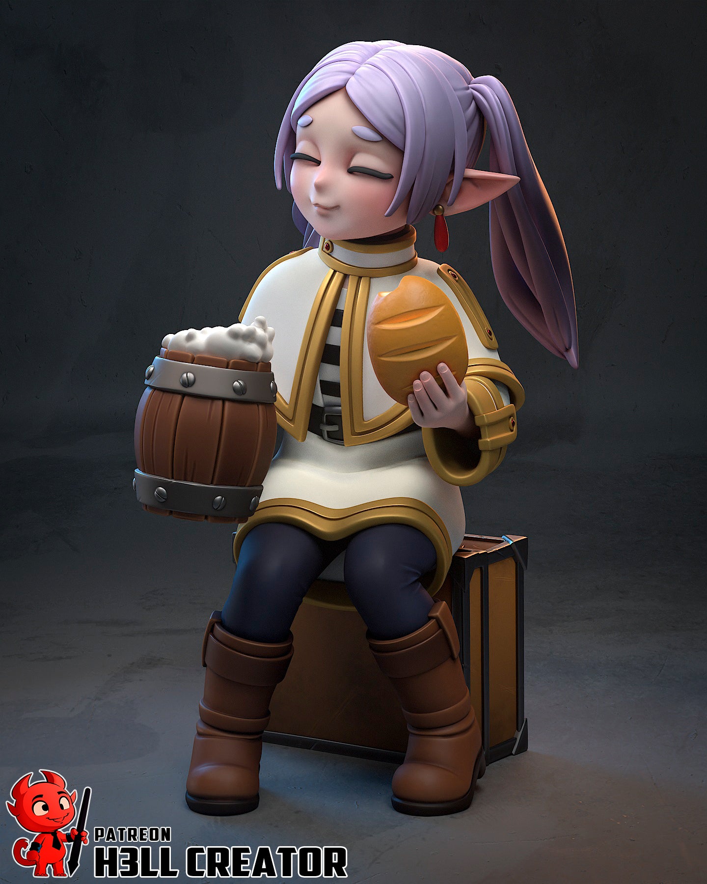 Chibi Frieren 1:10 scale collectible statue front view – Frieren Beyond Journey’s End figure holding bread and ale by H3ll Creator