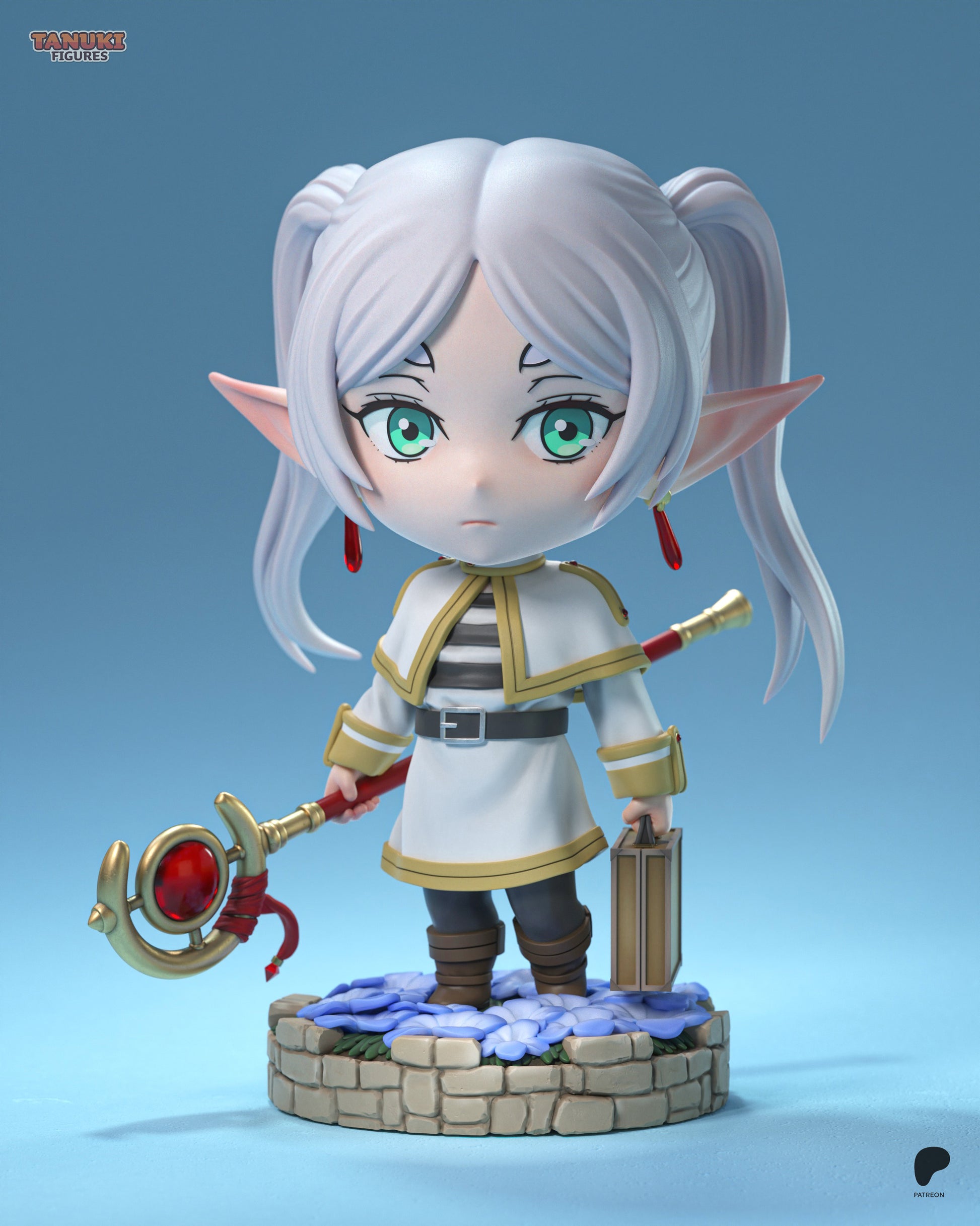 Front view of chibi Frieren figure standing with staff, lantern, and twin ponytails on a flower-covered stone base.