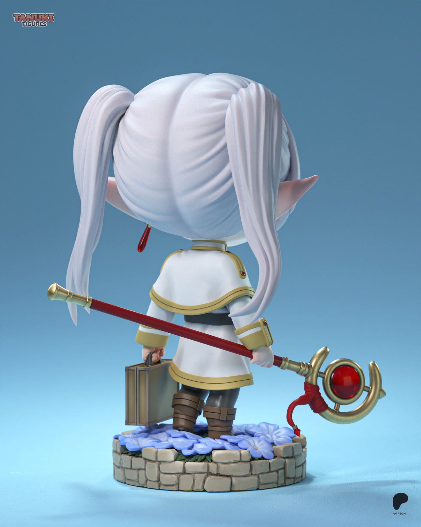 Rear view of chibi Frieren showing flowing white hair, long elf ears, red-staff weapon, and flowered base.