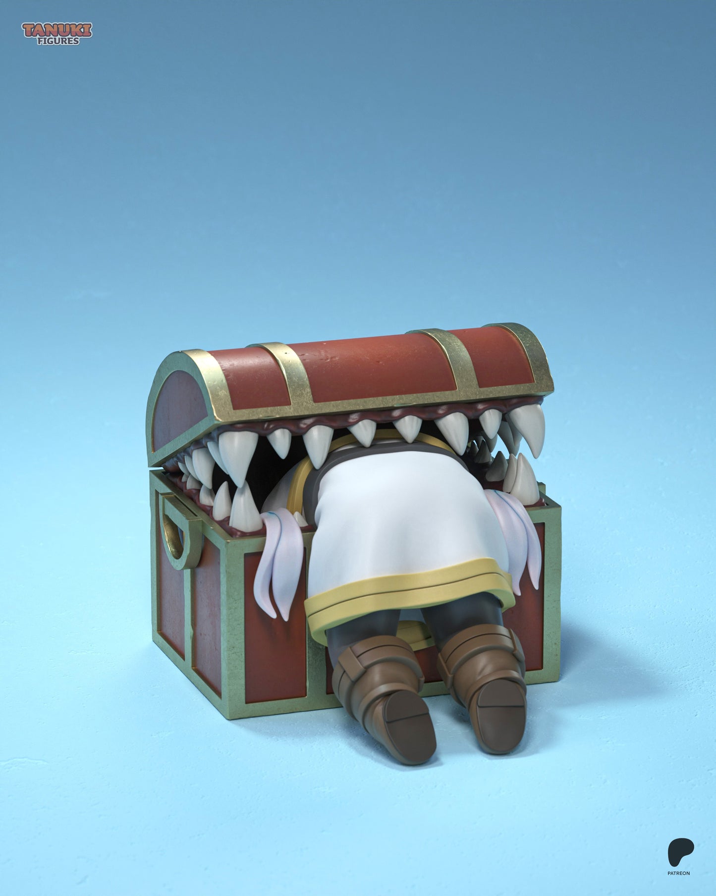 Chibi Frieren figure halfway inside a mimic chest with sharp teeth, legs sticking out comically.