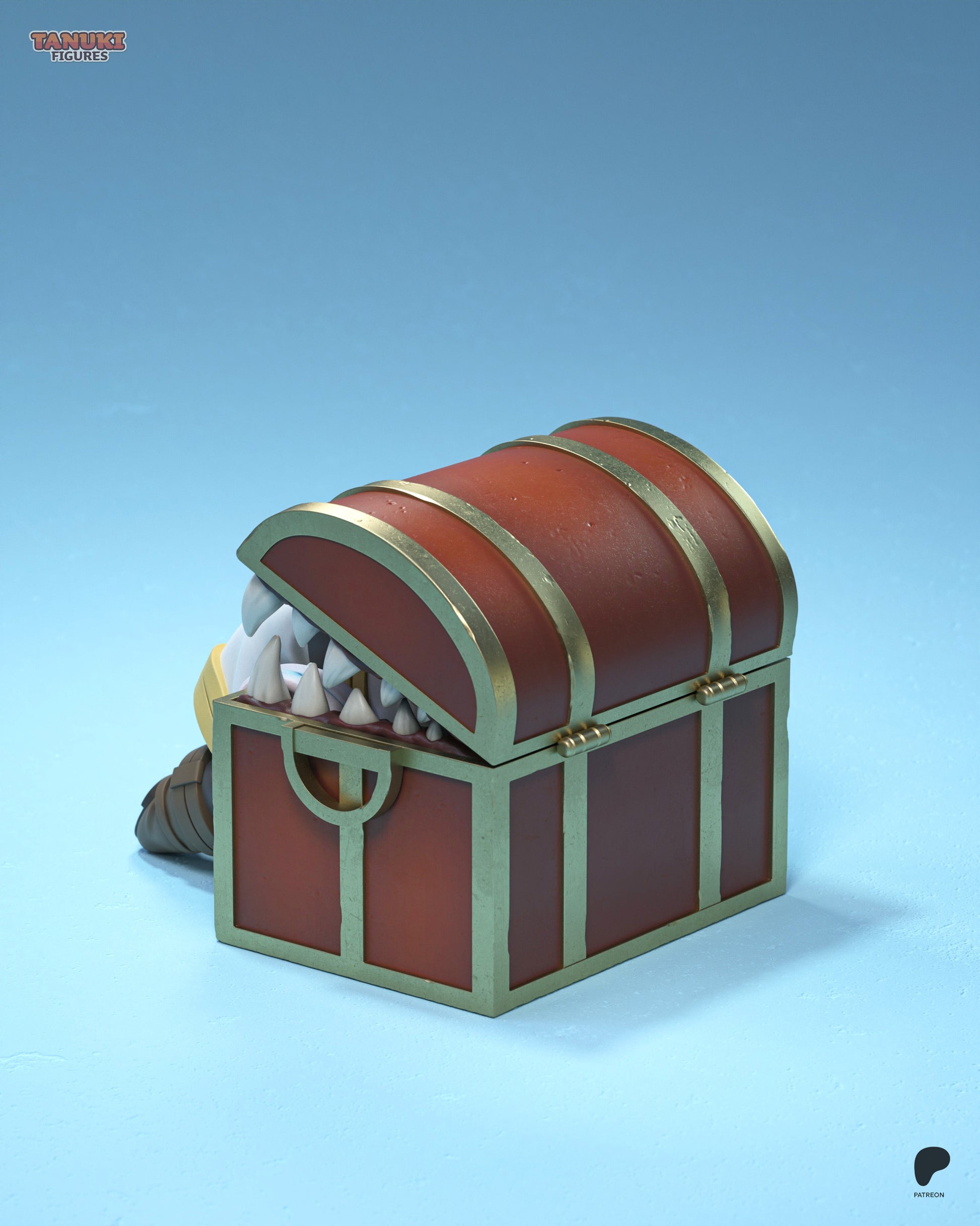 Back view of mimic chest with Frieren's legs hanging out, showing red and gold trim and hinged lid.