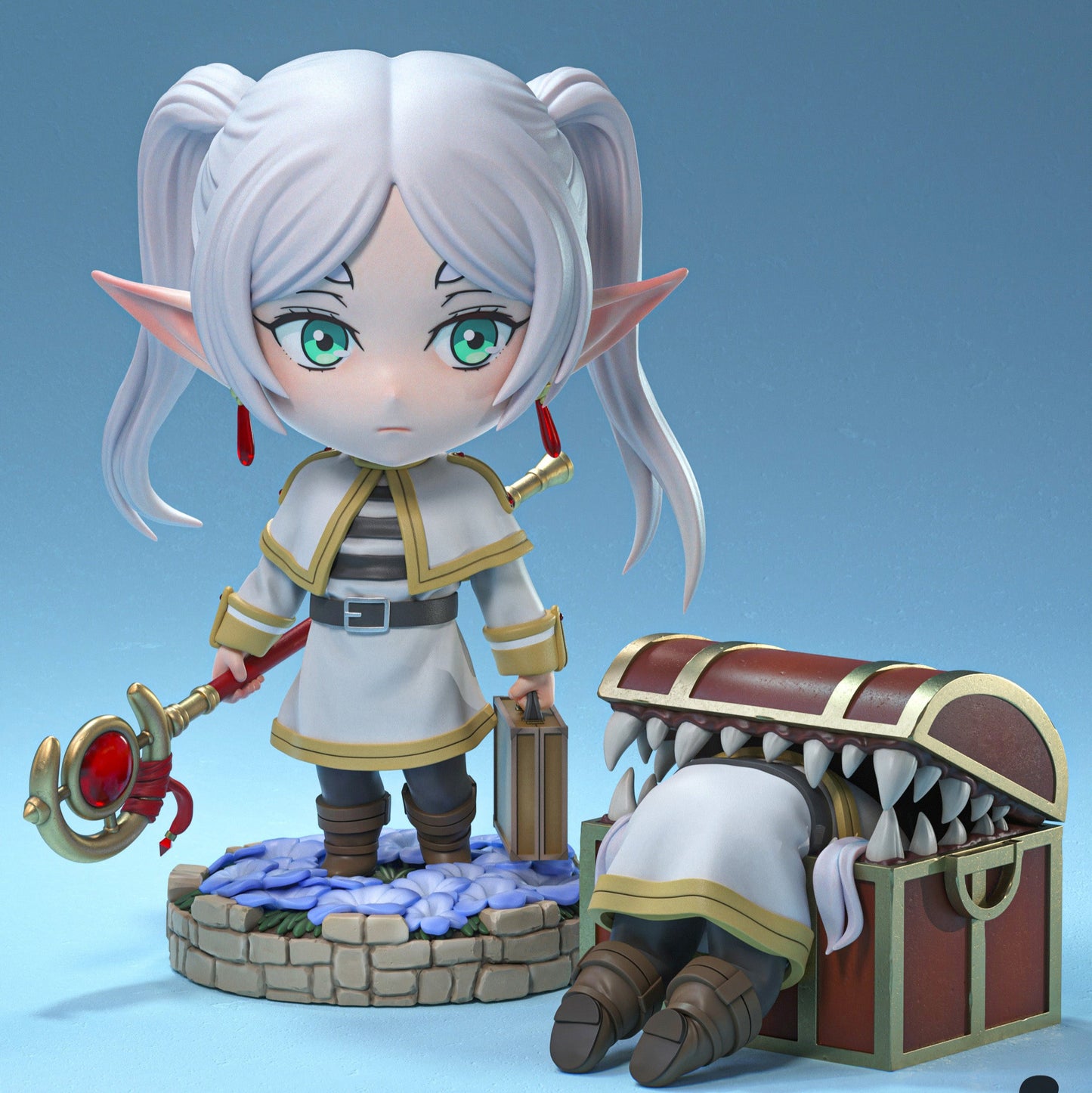 Combined display showing two poses: Frieren standing with staff and lantern, and second figure caught in mimic chest.