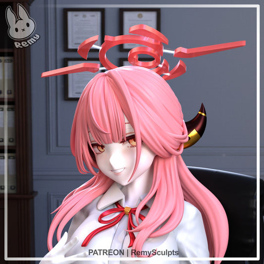 Rikuhachima Aru Blue Archive figure close-up portrait showing detailed face sculpt, pink hair, halo accessory, horn details, blouse collar, and expression for 1:7 scale collectible.