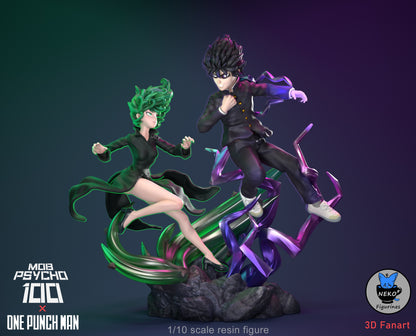 Tatsumaki and Mob front view—two psychic nightmares mid-levitate, daring gravity to say something

