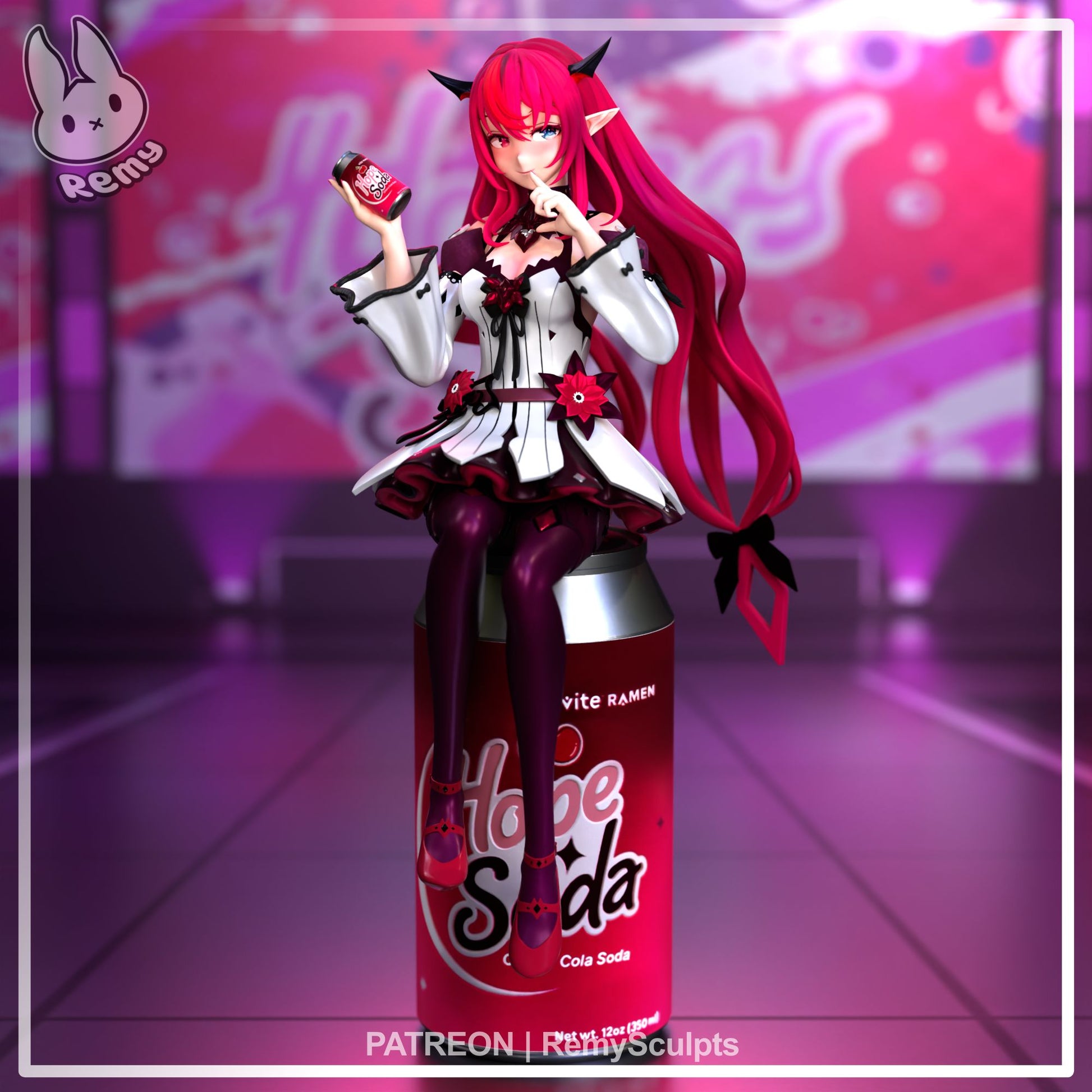 IRyS Hololive figure front view showing seated pose on soda can base, expressive face, horn details, decorative outfit, long twin-tails, and held soda prop; 1:7 scale anime virtual idol collectible display.