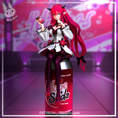 IRyS Hololive figure front view showing seated pose on soda can base, expressive face, horn details, decorative outfit, long twin-tails, and held soda prop; 1:7 scale anime virtual idol collectible display.