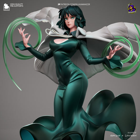 Fubuki One Punch Man 1:8 scale statue close-up, featuring flowing dress, psychic effect rings, pearl necklace, and dynamic pose for collectible display.