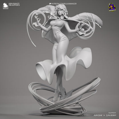 Fubuki One Punch Man 1:8 scale statue grey render front view, showing telekinetic pose, swirling base elements, and flowing dress sculpt.