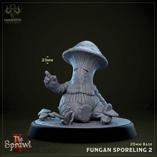 Mycenid sporeling sitting down, depicted on a 25mm base, suited for use in TTRPGs like Dungeons & Dragons or Pathfinder.