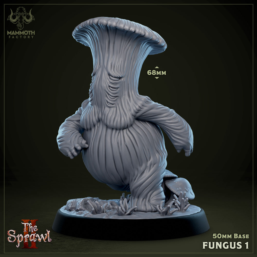 Fungan figurine with a mushroom cap-like head, detailed with grooves and fungal elements. The figure is posed in a standing position with arms relaxed, showcasing intricate textures suitable for dark fantasy tabletop settings.