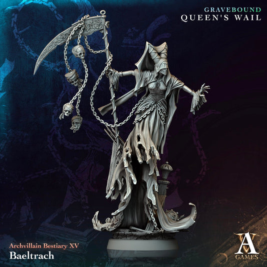 Baeltrach miniature wielding a large, adorned scythe with chains and hanging skulls, evoking the presence of a grim reaper. Perfect for dark fantasy TTRPGs like Dungeons & Dragons or Warhammer.