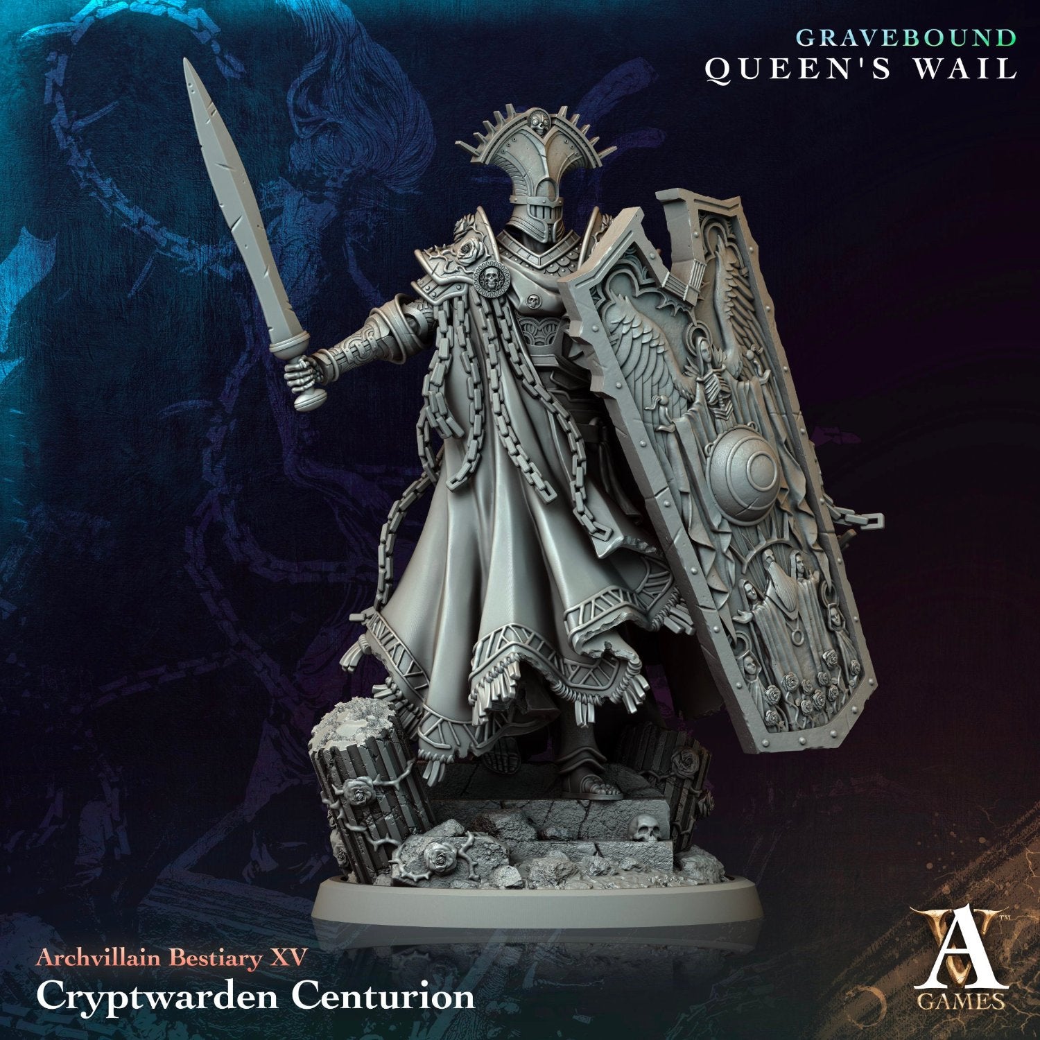 Cryptwarden Centurion miniature wielding a massive shield adorned with intricate details and a longsword, perfect for dark fantasy TTRPG scenarios in games like Dungeons & Dragons or Warhammer.