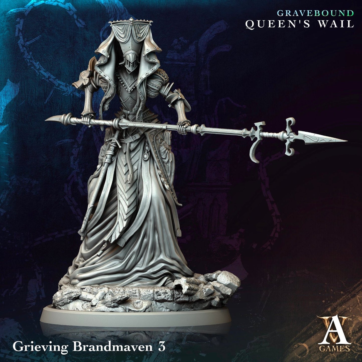 Female spectral knight with a spear, wearing heavy armor, depicted standing on a rocky base.