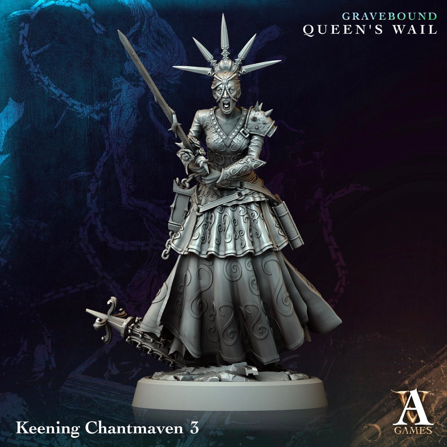 An undead warrior with a sword and a horned crown, dressed in swirling robes, standing ready. Great for dark TTRPG settings like Warhammer Fantasy.