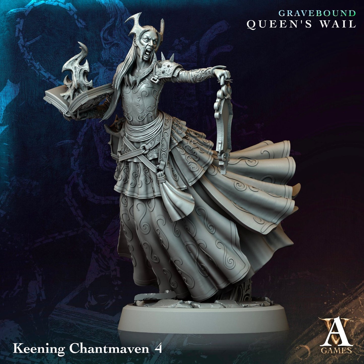 A female undead mage, posed casting a spell with her hands raised, adorned in flowing robes and horns. Ideal for use in games like Dungeons & Dragons.