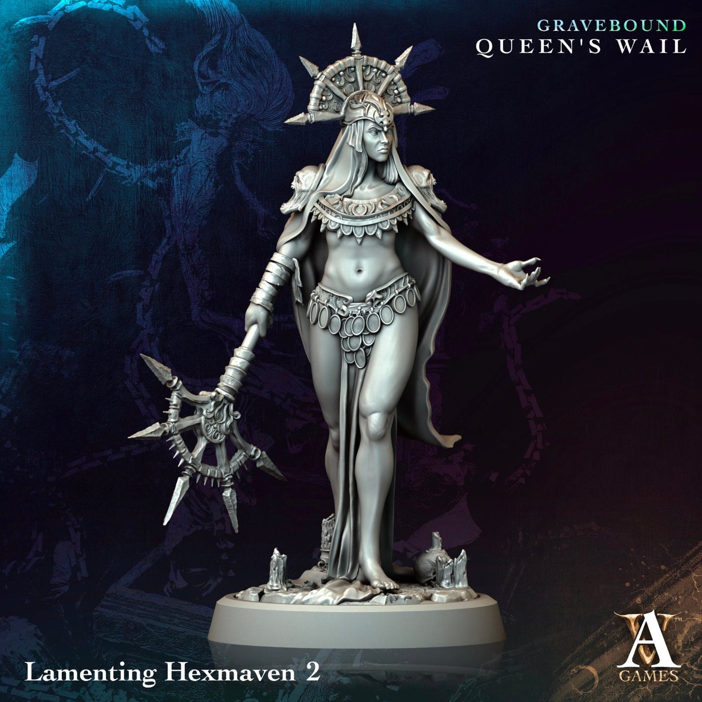 A sorceress figurine adorned in ceremonial armor, holding a large spiked staff. She stands confidently in a mystical pose, her headdress and jewelry adding intricate details.