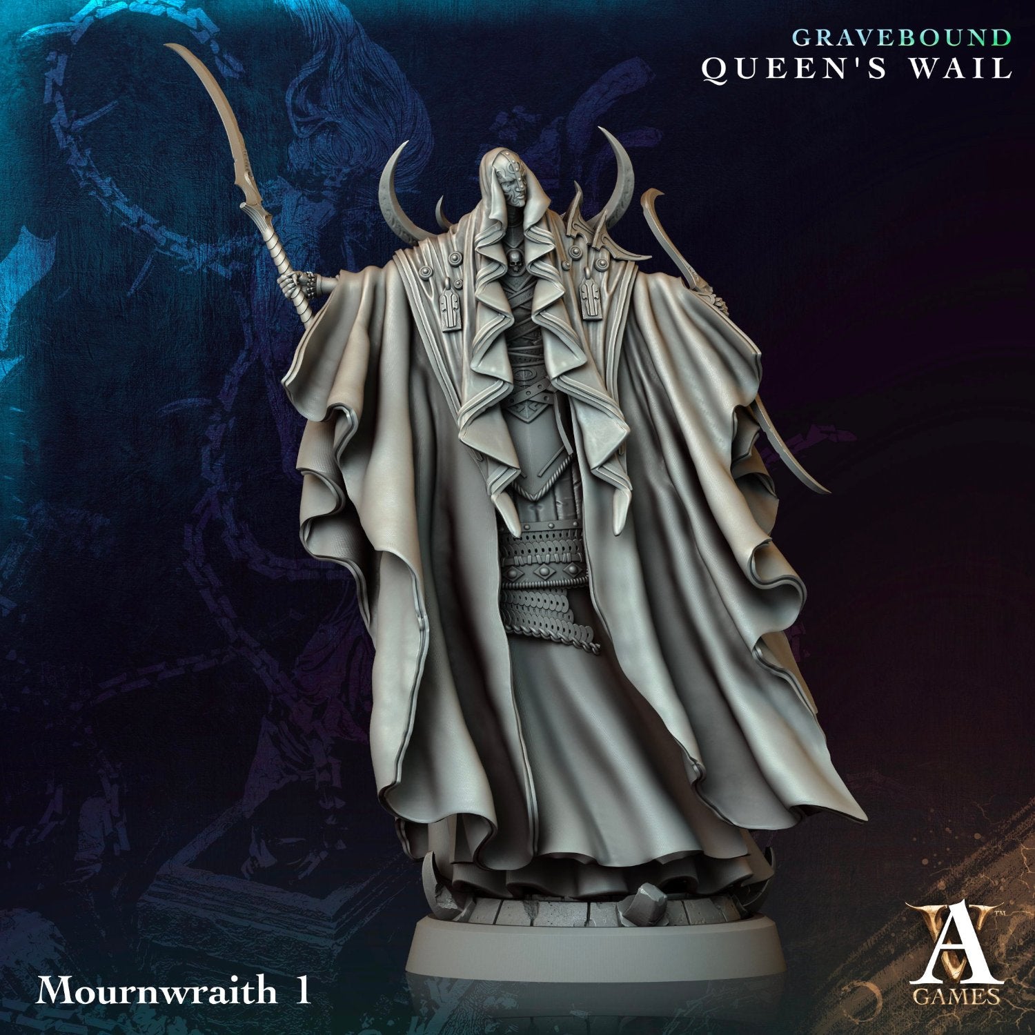 Mournwraith with flowing robes, holding a curved scythe, ideal for dark fantasy TTRPG settings.