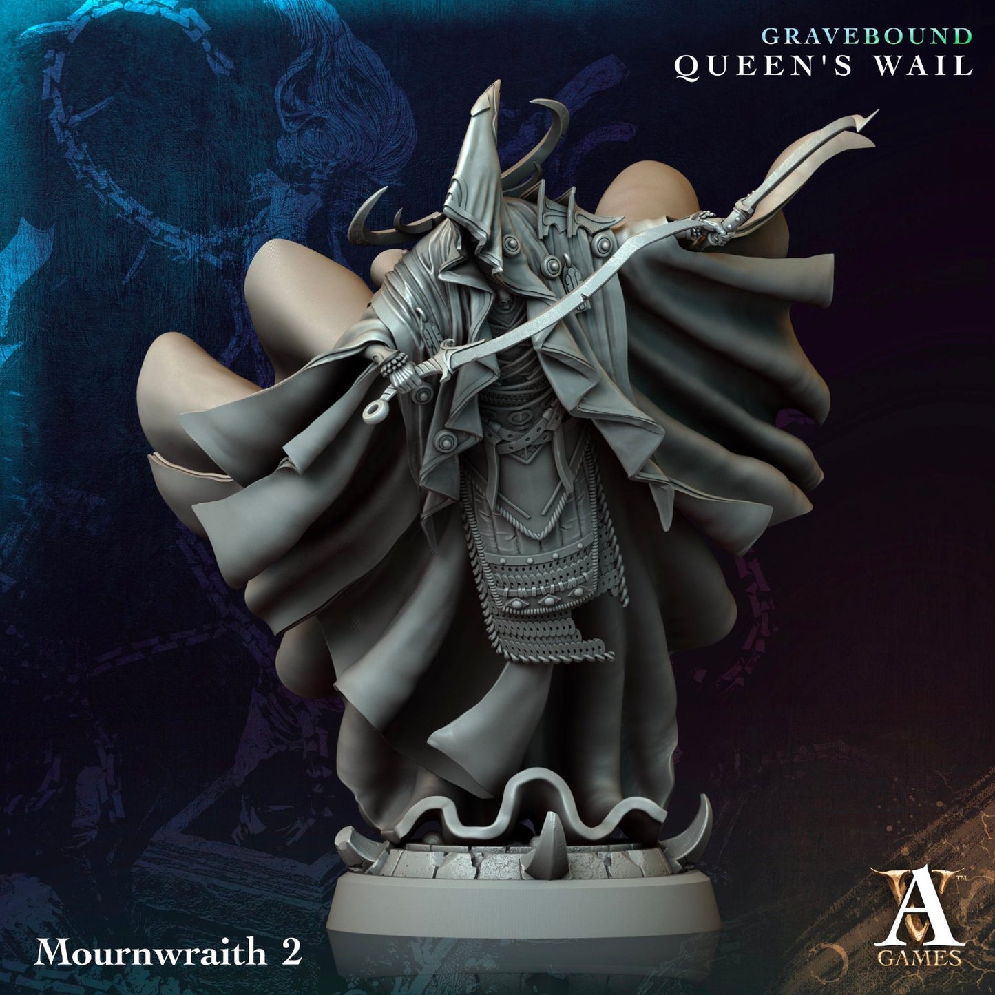 Mournwraith shrouded in layered robes, gripping a sword and dagger, perfect for D&D campaigns.