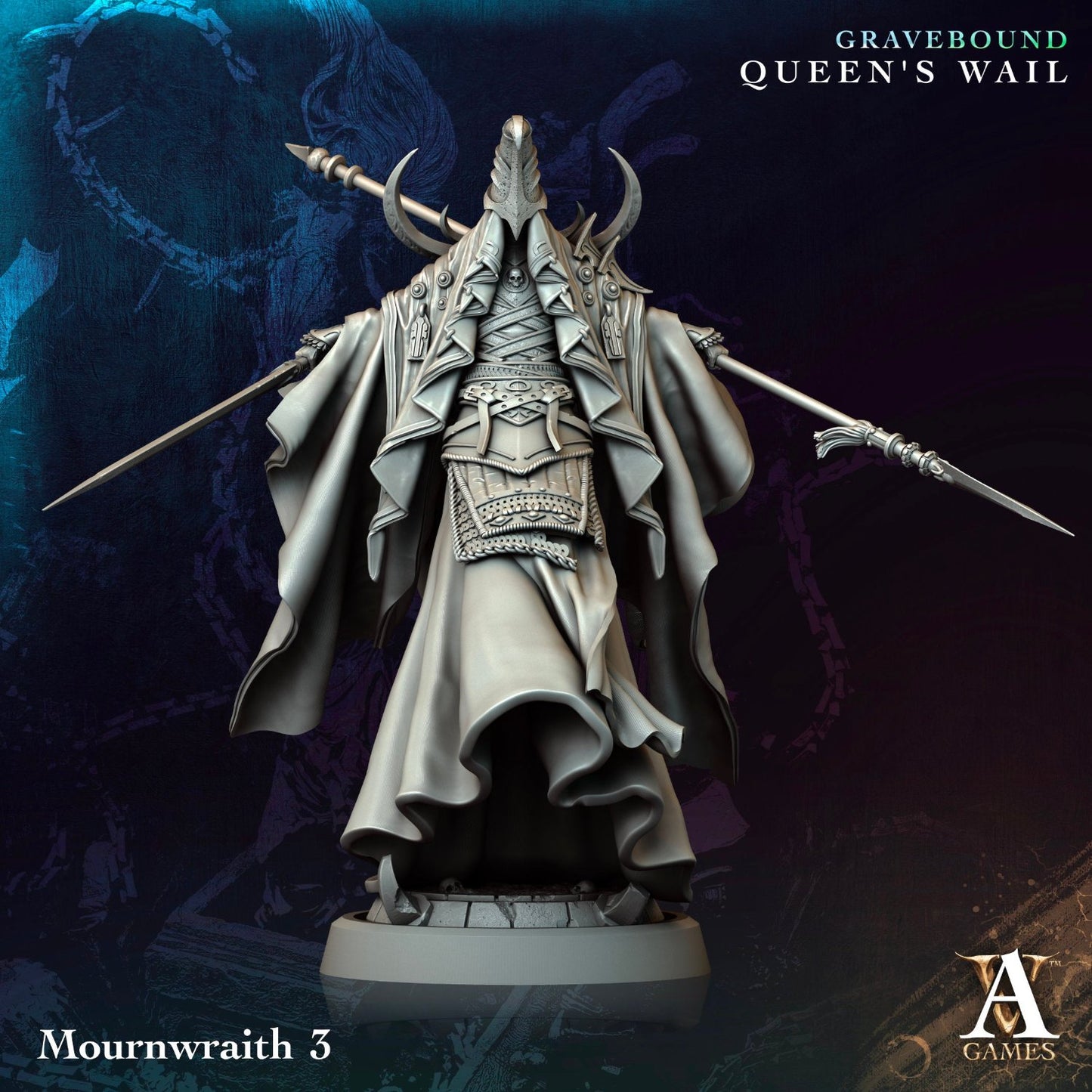 Mournwraith figure in heavy ornate robes, holding a double-bladed spear, suitable for dark RPGs like Pathfinder.