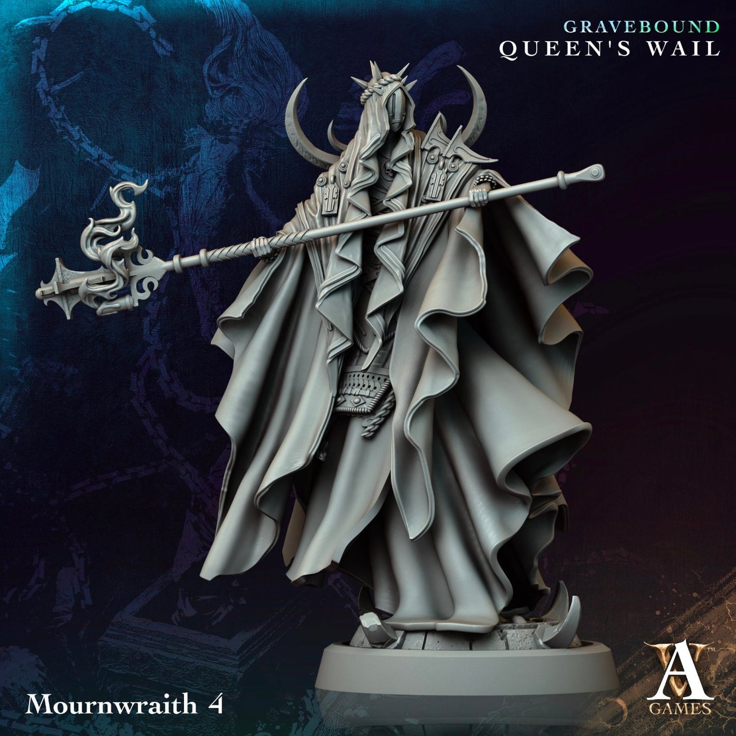 Mournwraith holding an elaborate staff, draped in regal robes, fitting for gothic TTRPG environments.