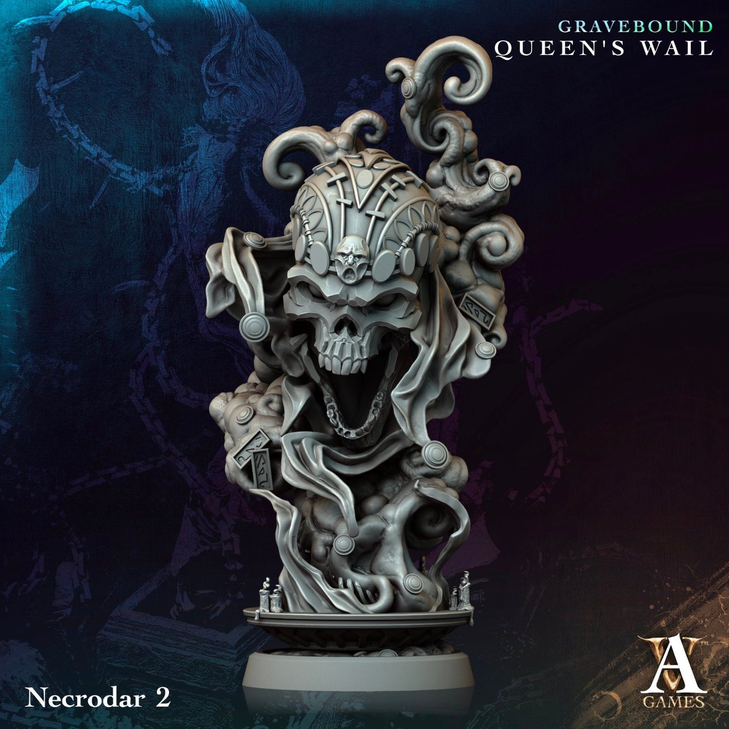  Necrodar 2 miniature, showcasing a detailed skull with swirling tendrils and symbols, perfect for use in dark fantasy RPGs.