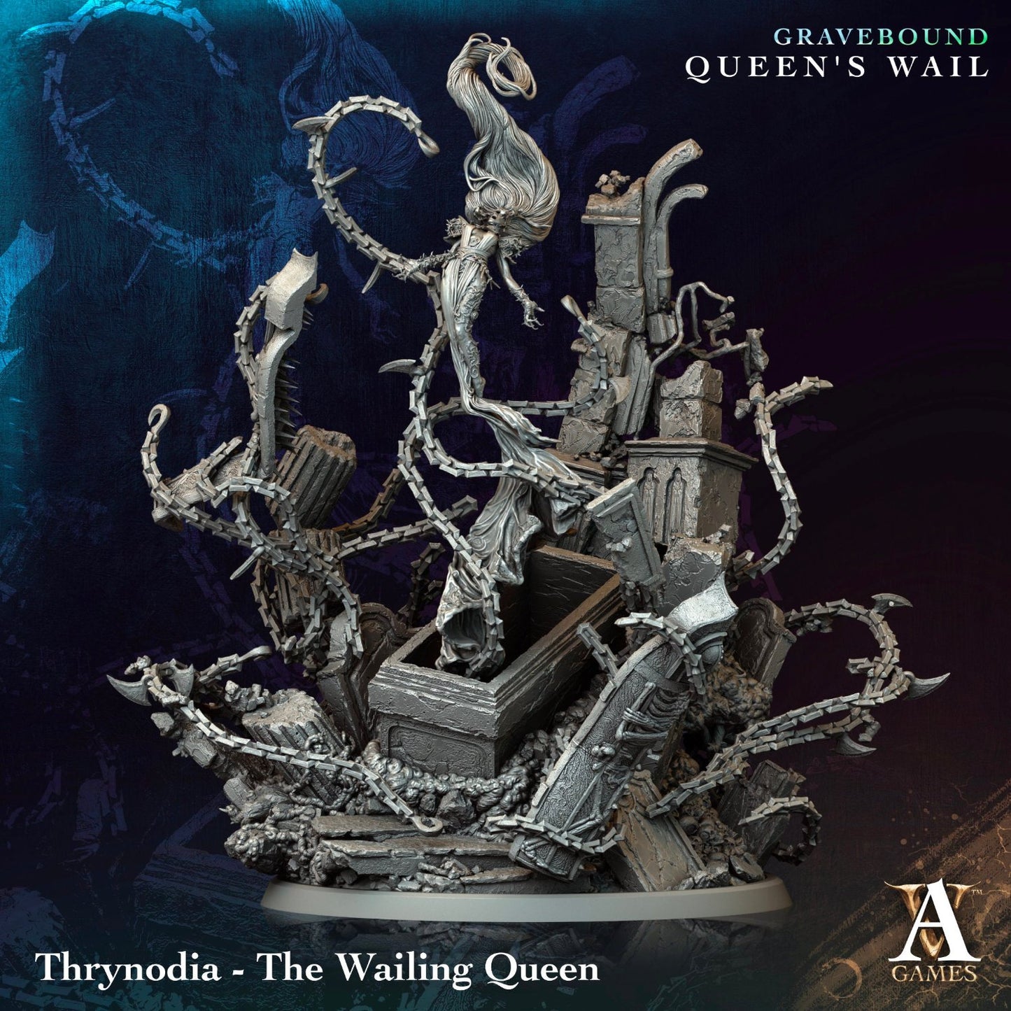 The full figure of the Wailing Queen emerging from broken ruins, chains wrapping around her, creating a captivating undead diorama perfect for TTRPGs as a formidable ghost or spirit.