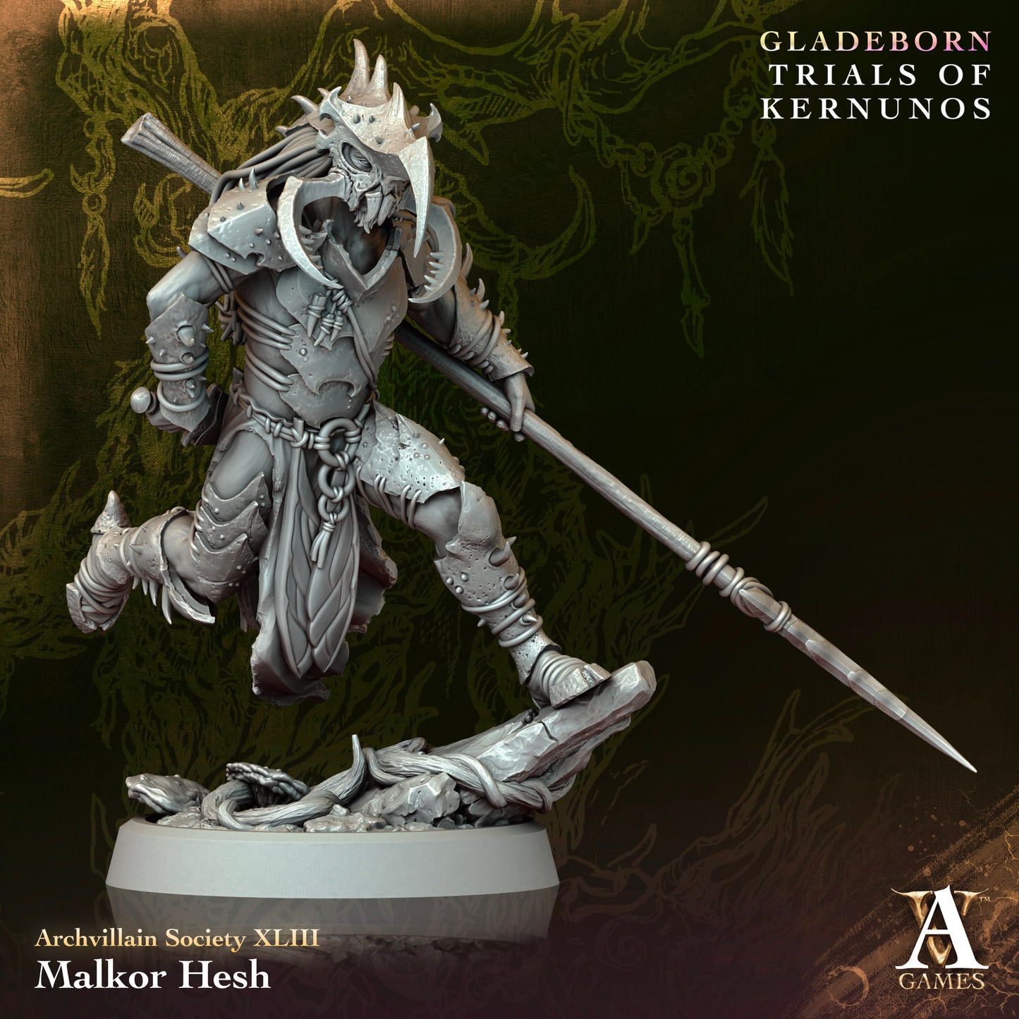 Malkor Hesh, a human warrior in bone armor, leaping forward with a long spear, depicted in a dynamic pose with intricate detailing, suitable for tabletop RPGs.