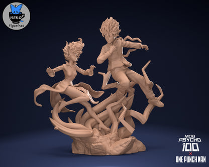 Greyscale psychic chaos—Mob and Tatsumaki ignoring the laws of physics and personal space